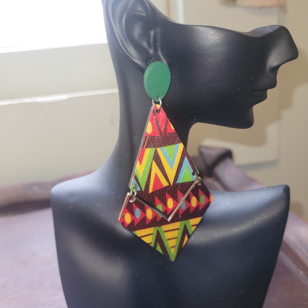 Geometric Green and Red Earrings with Bold Design-Made Out of Wood